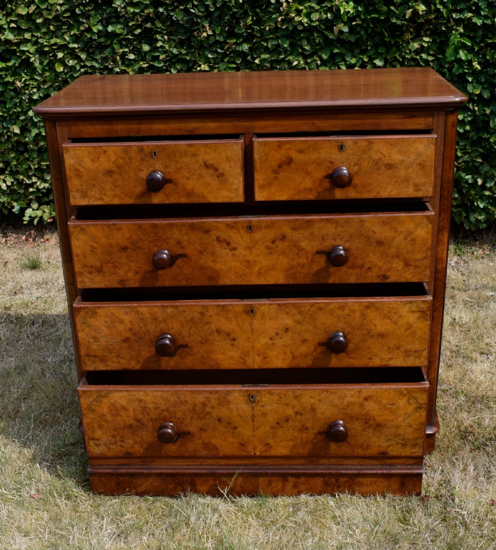 A Victorian burr walnut chest of drawers featuring two short over three long graduated drawers with turned wooden knobs and a solid plinth base. View XI
