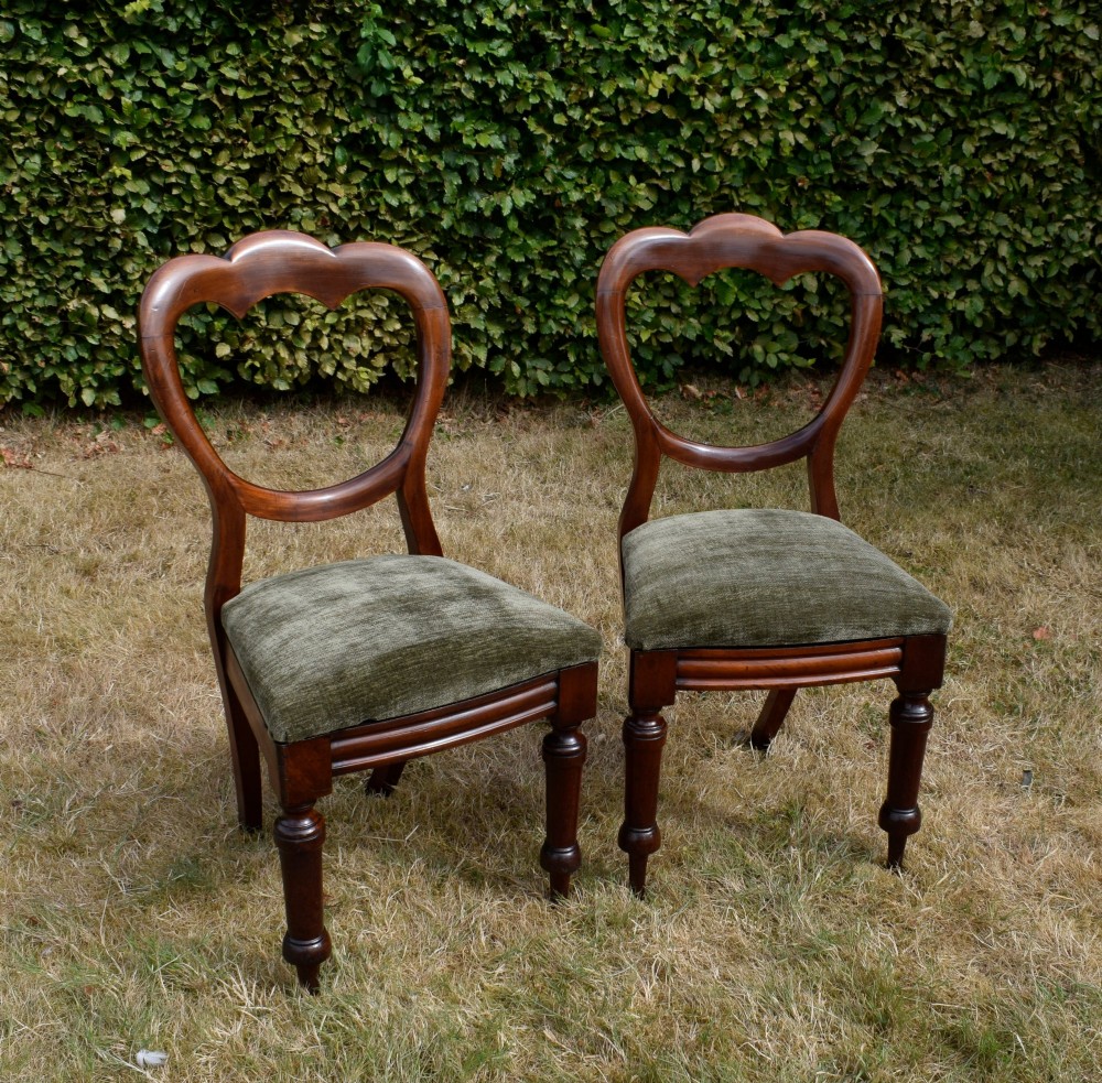 A pair of Victorian mahogany crown back dining chairs with green velvet upholstered seats and turned front legs.