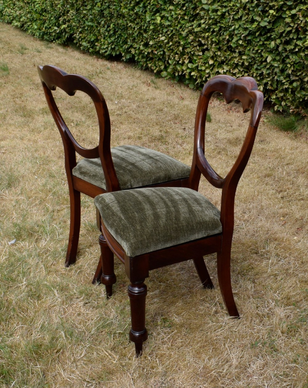 A pair of Victorian mahogany crown back dining chairs with green velvet upholstered seats and turned front legs. View VII