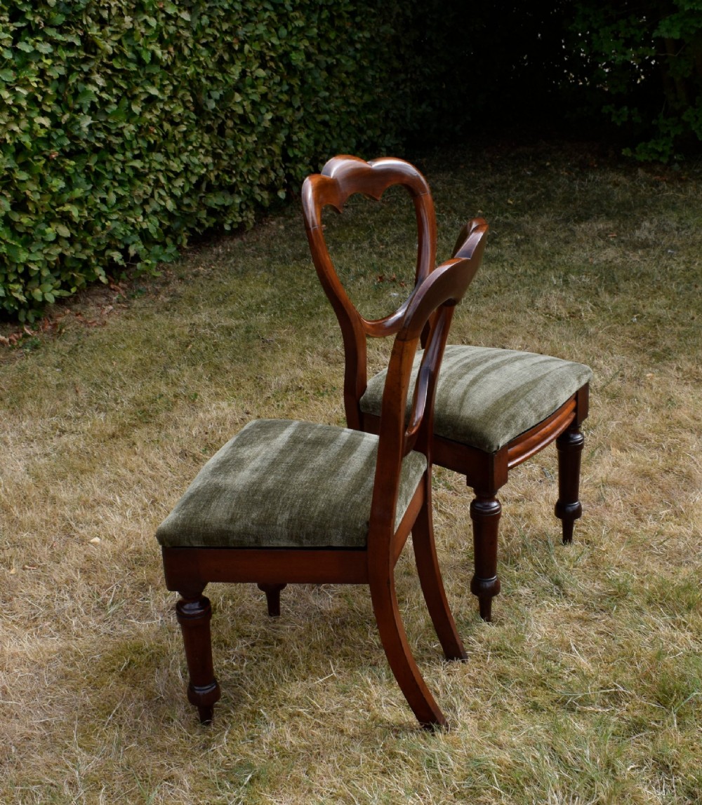 A pair of Victorian mahogany crown back dining chairs with green velvet upholstered seats and turned front legs. View VIII
