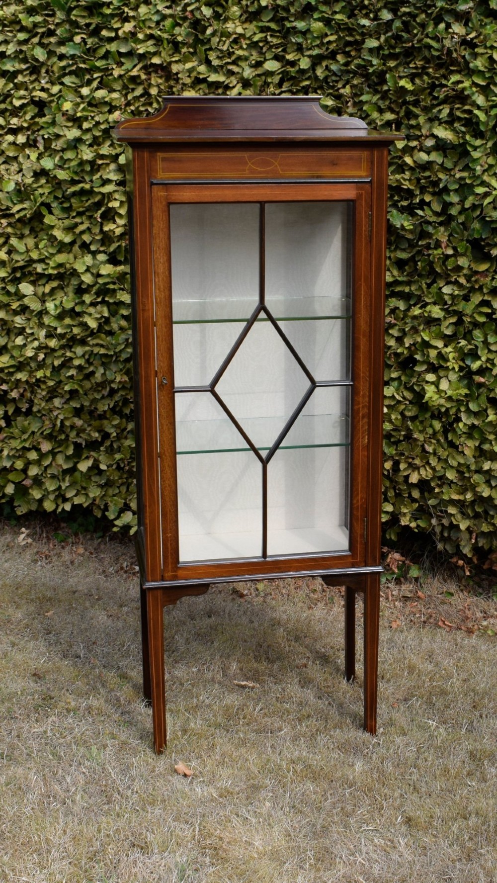 An Edwardian mahogany display cabinet featuring satinwood inlay, a single door with a central diamond astragal glazing bar, glass shelves, and square tapered legs. View II