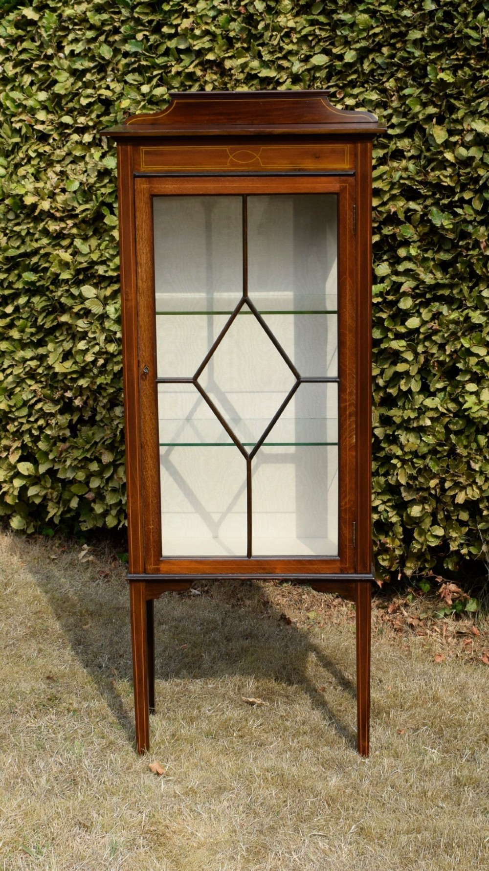 An Edwardian mahogany display cabinet featuring satinwood inlay, a single door with a central diamond astragal glazing bar, glass shelves, and square tapered legs. View VII