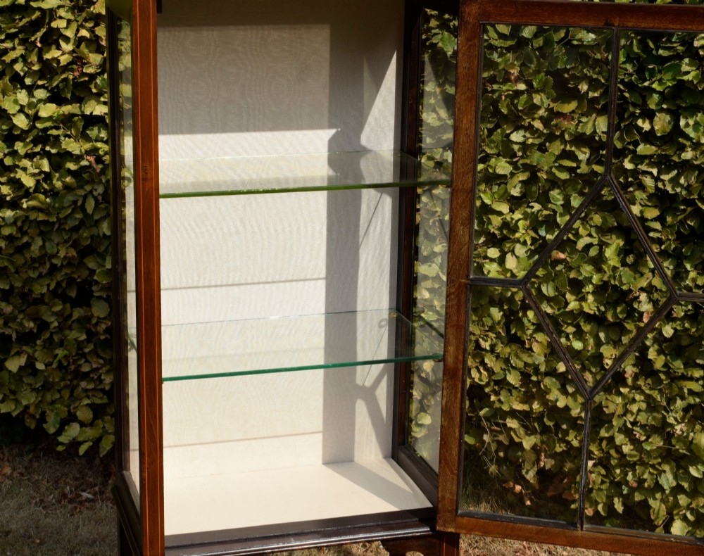 An Edwardian mahogany display cabinet featuring satinwood inlay, a single door with a central diamond astragal glazing bar, glass shelves, and square tapered legs. View XII