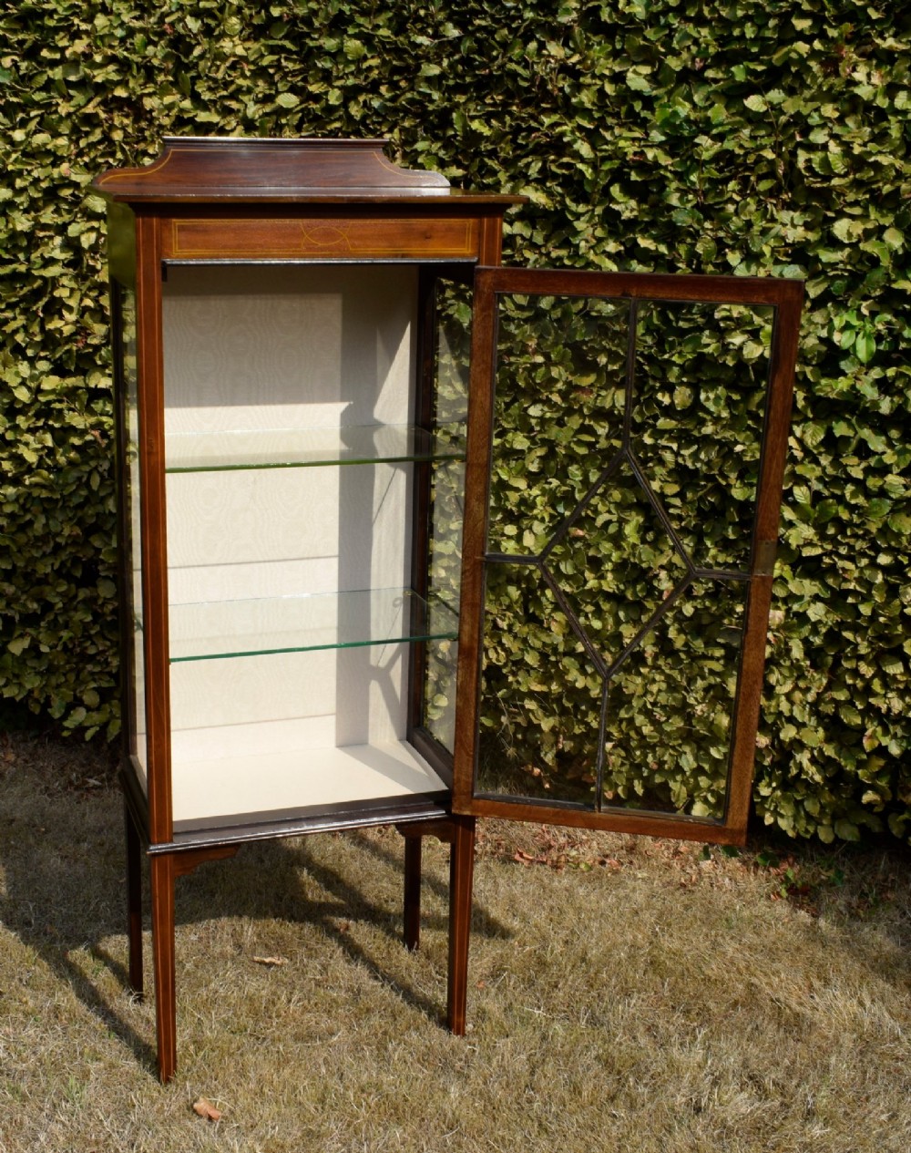 An Edwardian mahogany display cabinet featuring satinwood inlay, a single door with a central diamond astragal glazing bar, glass shelves, and square tapered legs. View XIII