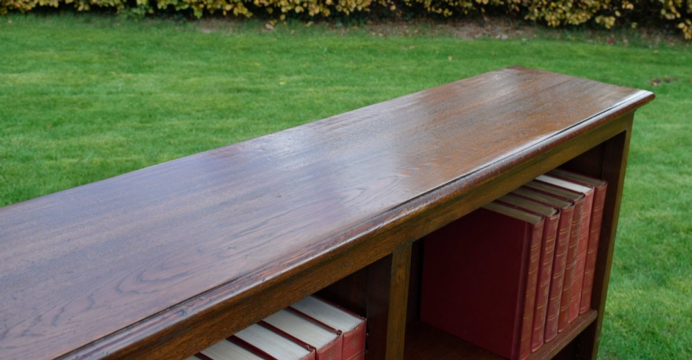 A wide early 20th-century low open oak bookcase with two main compartments, a central vertical divider, plank backboard, and a moulded top edge. View XII