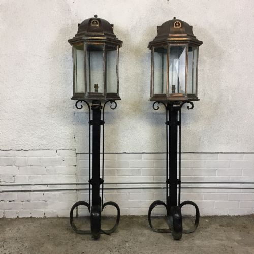 pair of victorian copper lanterns with posts - CATEGORY: ANTIQUE LIGHTING - DATED VICTORIAN