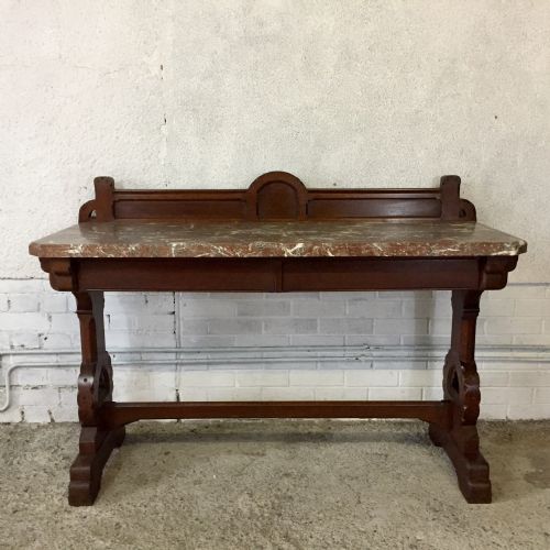 victorian gothic oak console table with marble top - CATEGORY: ANTIQUE TABLES - DATED VICTORIAN