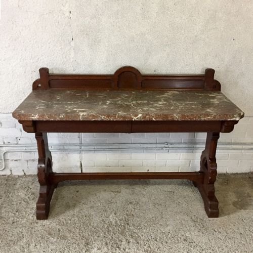 VICTORIAN GOTHIC OAK CONSOLE TABLE WITH MARBLE TOP - ADDITIONAL PHOTO 1