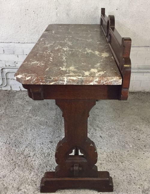 VICTORIAN GOTHIC OAK CONSOLE TABLE WITH MARBLE TOP - ADDITIONAL PHOTO 10