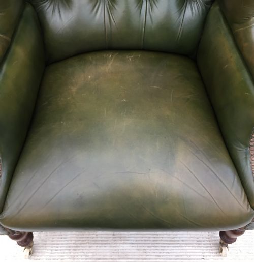 CIRCA 1900 LEATHER BUTTON BACK WING ARM CHAIR - ADDITIONAL PHOTO 5
