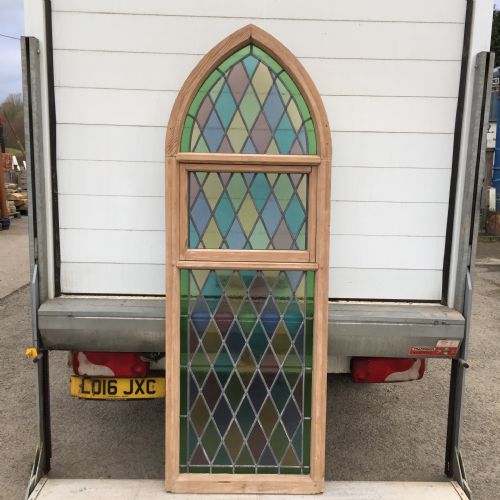 victorian pine framed arch top window with lead light panels - CATEGORY: ANTIQUE MISCELLANEOUS - DATED VICTORIAN