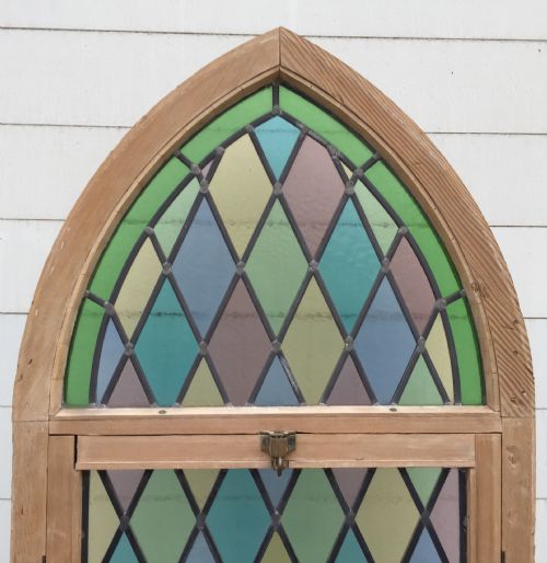 VICTORIAN PINE FRAMED ARCH TOP WINDOW WITH LEAD LIGHT PANELS - ADDITIONAL PHOTO 6
