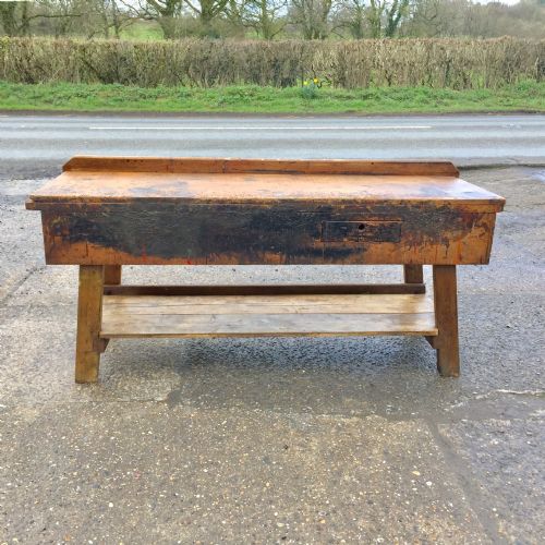 pine work bench with single plank hardwood teak top - CATEGORY: ANTIQUE MISCELLANEOUS - DATED 1920