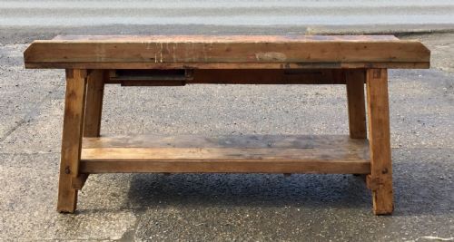 PINE WORK BENCH WITH SINGLE PLANK HARDWOOD TEAK TOP - ADDITIONAL PHOTO 27