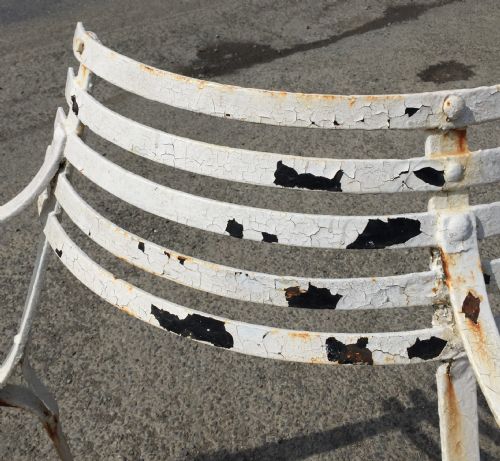 19TH CENTURY DEMI LUNE WROUGHT IRON GARDEN TREE BENCH WITH LAYERS OF OLD PAINT - ADDITIONAL PHOTO 1