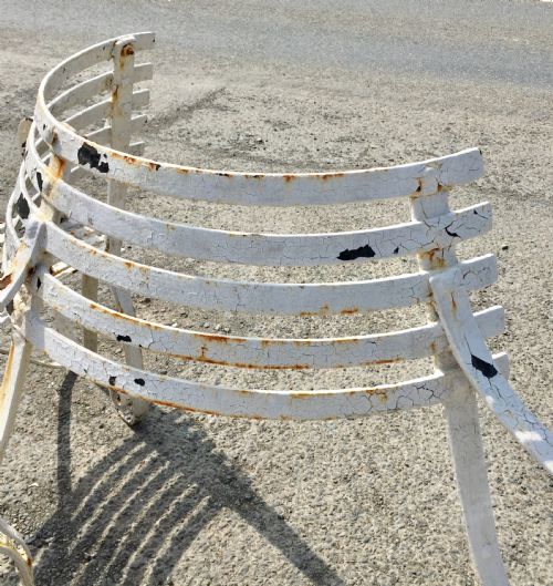 19TH CENTURY DEMI LUNE WROUGHT IRON GARDEN TREE BENCH WITH LAYERS OF OLD PAINT - ADDITIONAL PHOTO 2