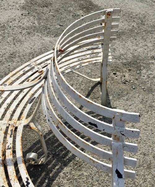 19TH CENTURY DEMI LUNE WROUGHT IRON GARDEN TREE BENCH WITH LAYERS OF OLD PAINT - ADDITIONAL PHOTO 3