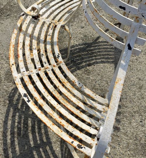 19TH CENTURY DEMI LUNE WROUGHT IRON GARDEN TREE BENCH WITH LAYERS OF OLD PAINT - ADDITIONAL PHOTO 5