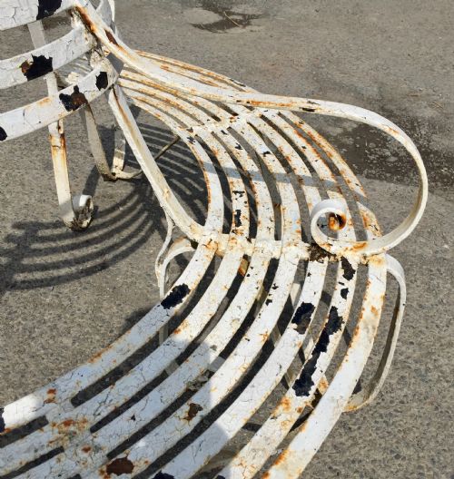 19TH CENTURY DEMI LUNE WROUGHT IRON GARDEN TREE BENCH WITH LAYERS OF OLD PAINT - ADDITIONAL PHOTO 6