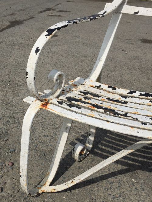 19TH CENTURY DEMI LUNE WROUGHT IRON GARDEN TREE BENCH WITH LAYERS OF OLD PAINT - ADDITIONAL PHOTO 7
