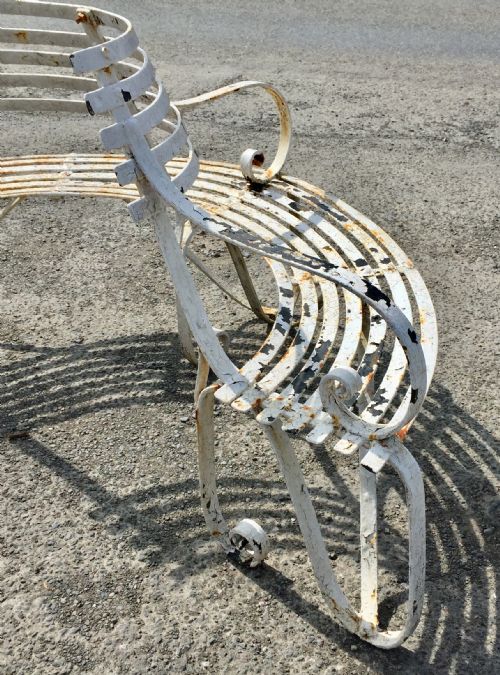 19TH CENTURY DEMI LUNE WROUGHT IRON GARDEN TREE BENCH WITH LAYERS OF OLD PAINT - ADDITIONAL PHOTO 10