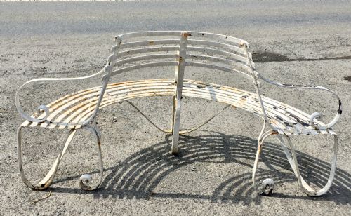 19TH CENTURY DEMI LUNE WROUGHT IRON GARDEN TREE BENCH WITH LAYERS OF OLD PAINT - ADDITIONAL PHOTO 11