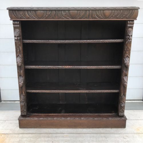 victorian english carved oak bookcase with adjustable shelves - CATEGORY: ANTIQUE BOOKCASES - DATED VICTORIAN