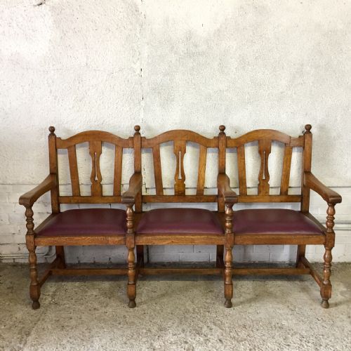 edwardian oak 3 seater bench with lift out upholstered seats - CATEGORY: ANTIQUE SOFAS - DATED EDWARDIAN