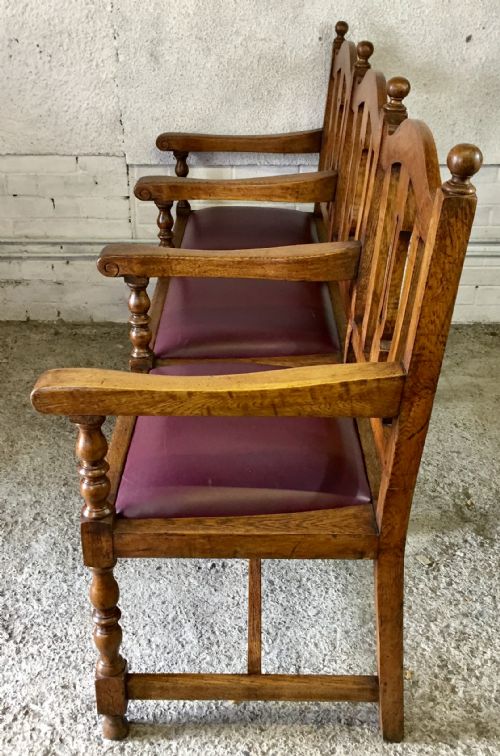 EDWARDIAN OAK 3 SEATER BENCH WITH LIFT OUT UPHOLSTERED SEATS - ADDITIONAL PHOTO 14