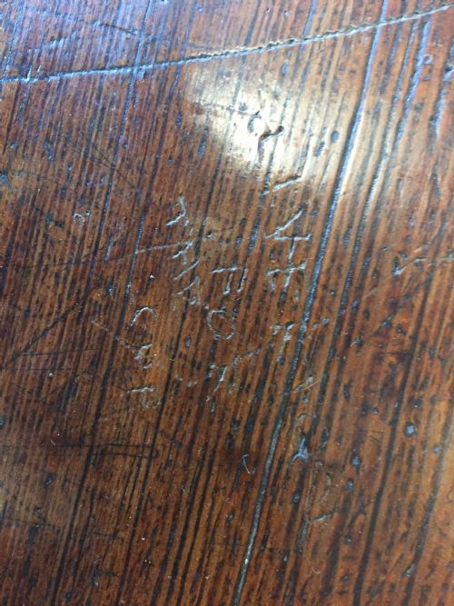CIRCA 1900 DOUBLE SEAT SCHOOL DESK WITH ELM TOP AND SEAT ON CAST IRON BASE - ADDITIONAL PHOTO 8