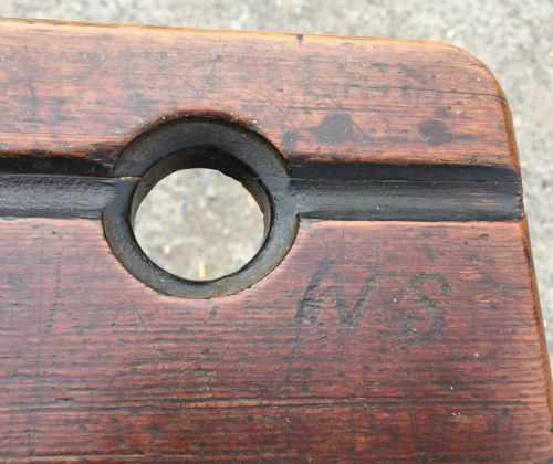 CIRCA 1900 DOUBLE SEAT SCHOOL DESK WITH ELM TOP AND SEAT ON CAST IRON BASE - ADDITIONAL PHOTO 9