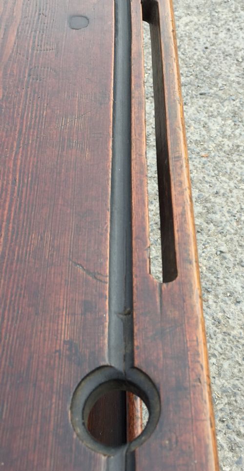 CIRCA 1900 DOUBLE SEAT SCHOOL DESK WITH ELM TOP AND SEAT ON CAST IRON BASE - ADDITIONAL PHOTO 10