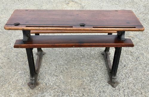 CIRCA 1900 DOUBLE SEAT SCHOOL DESK WITH ELM TOP AND SEAT ON CAST IRON BASE - ADDITIONAL PHOTO 11