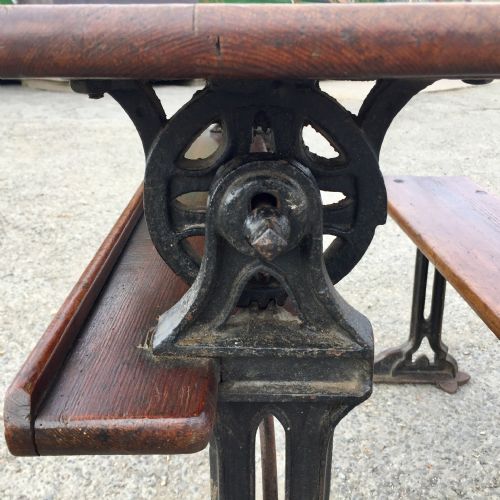 CIRCA 1900 DOUBLE SEAT SCHOOL DESK WITH ELM TOP AND SEAT ON CAST IRON BASE - ADDITIONAL PHOTO 12