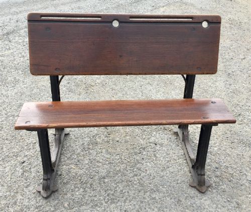CIRCA 1900 DOUBLE SEAT SCHOOL DESK WITH ELM TOP AND SEAT ON CAST IRON BASE - ADDITIONAL PHOTO 16