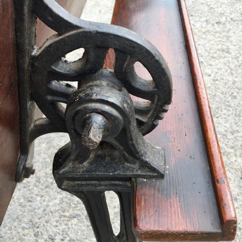 CIRCA 1900 DOUBLE SEAT SCHOOL DESK WITH ELM TOP AND SEAT ON CAST IRON BASE - ADDITIONAL PHOTO 18