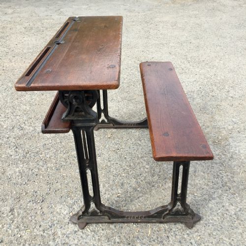 circa 1900 double seat school desk with elm top and seat on cast iron base - CATEGORY: ANTIQUE DESKS - DATED 1900