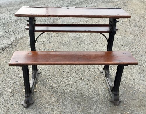 CIRCA 1900 DOUBLE SEAT SCHOOL DESK WITH ELM TOP AND SEAT ON CAST IRON BASE - ADDITIONAL PHOTO 2