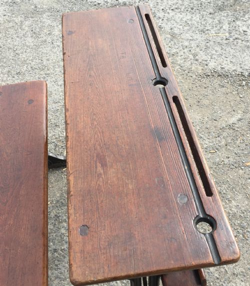 CIRCA 1900 DOUBLE SEAT SCHOOL DESK WITH ELM TOP AND SEAT ON CAST IRON BASE - ADDITIONAL PHOTO 4
