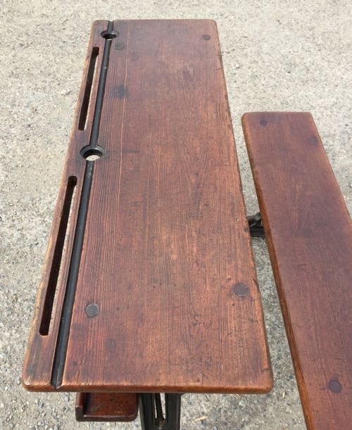 CIRCA 1900 DOUBLE SEAT SCHOOL DESK WITH ELM TOP AND SEAT ON CAST IRON BASE - ADDITIONAL PHOTO 5