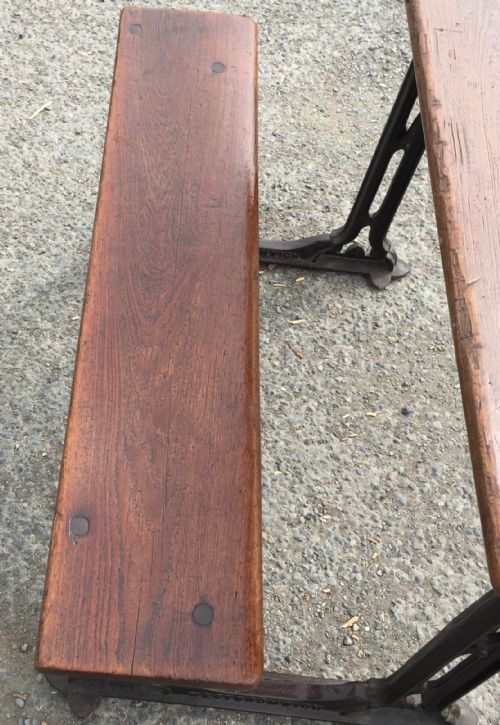 CIRCA 1900 DOUBLE SEAT SCHOOL DESK WITH ELM TOP AND SEAT ON CAST IRON BASE - ADDITIONAL PHOTO 7