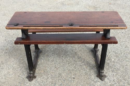 CIRCA 1900 DOUBLE SEAT SCHOOL DESK WITH ELM TOP AND SEAT ON CAST IRON BASE - ADDITIONAL PHOTO 13