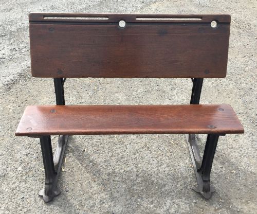 CIRCA 1900 DOUBLE SEAT SCHOOL DESK WITH ELM TOP AND SEAT ON CAST IRON BASE - ADDITIONAL PHOTO 14