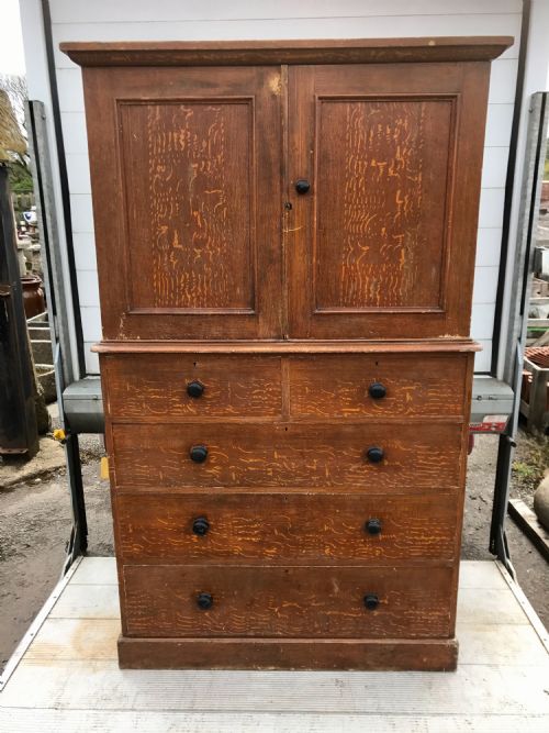 victorian pine west country housekeeper's linen cupboard with original painted oak grain effect - CATEGORY: ANTIQUE CUPBOARDS - DATED VICTORIAN