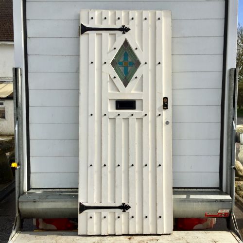 1920s external pine painted door with faux strap hinges and lead light lozenge shape panel - CATEGORY: ANTIQUE MISCELLANEOUS - DATED 1920