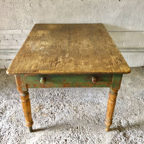 victorian pine kitchen table with single drawer - CATEGORY: ANTIQUE TABLES - DATED VICTORIAN