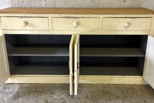 VICTORIAN PINE DRESSER BASE WITH 3 DRAWERS OVER 2 PAIRS OF CUPBOARD DOORS - ADDITIONAL PHOTO 11