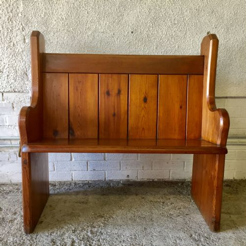 victorian pitch pine pew with original brass folding umbrella stick holder - CATEGORY: ANTIQUE FURNITURE - DATED VICTORIAN