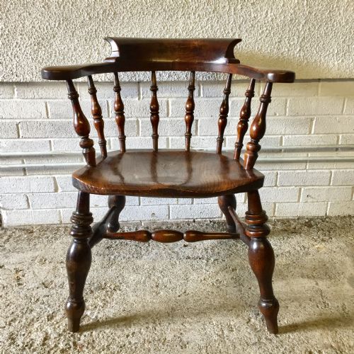 19th century beech smoker's bow arm chair with an unusual large elm seat - CATEGORY: ANTIQUE CHAIRS - DATED 19TH CENTURY