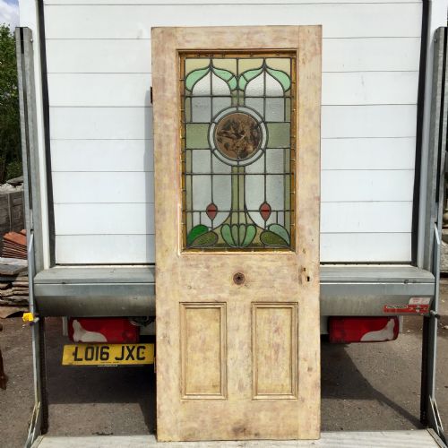 victorian pine half glazed door with hand painted stained glass panel depicting a bird - CATEGORY: ANTIQUE MISCELLANEOUS - DATED VICTORIAN